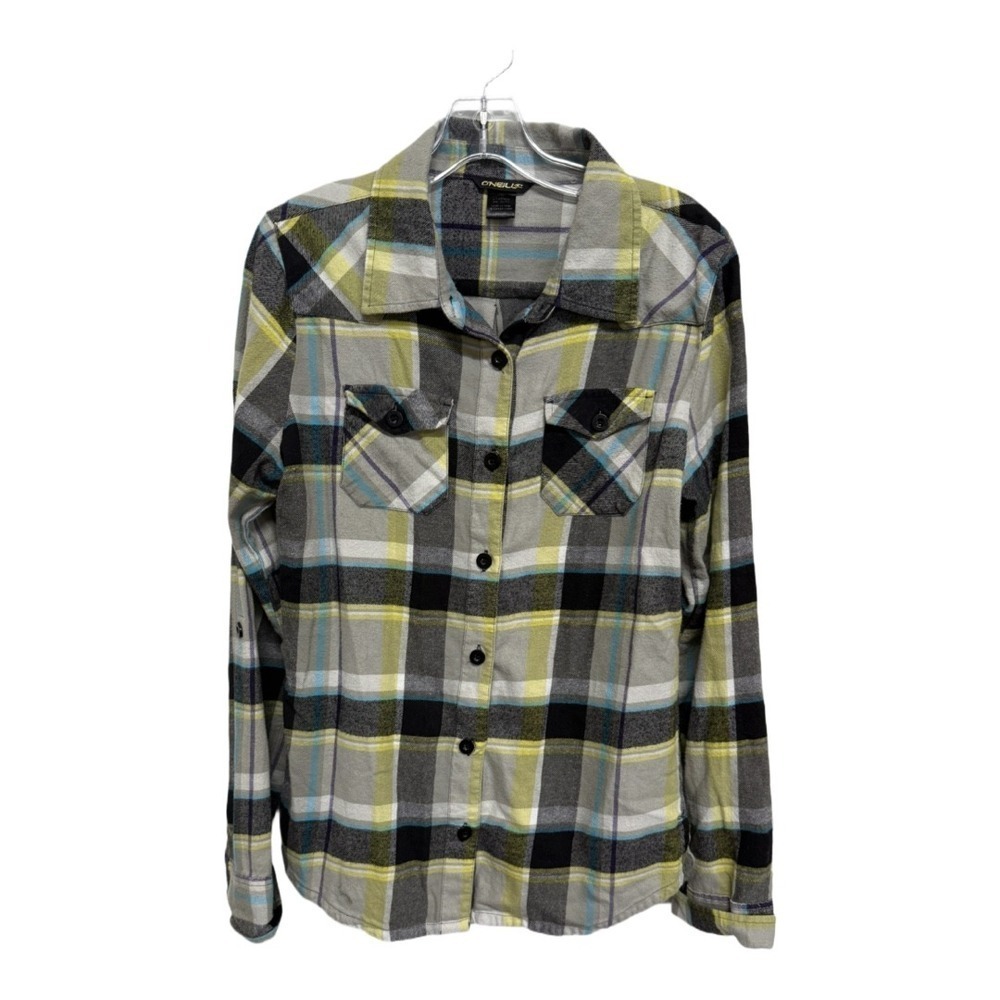 O'Neill Women's Yellow Gray 100% cotton button up flannel long sleeve shirt XL